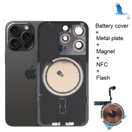 15 Pro - Cover batteria (incluso: obiettivo fotocamera, supporto metallico, magnete, NFC, flash) - Blu (Titanium blue) - oem