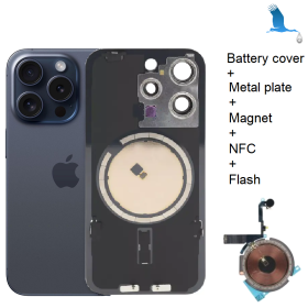 15 Pro - Battery cover (inclusive: camera lens, Metal Bracket, Magnet, NFC, flash) - Titanium Blue - oem 15 Pro - Battery cover (inclusive: camera lens, Metal Bracket, Magnet, NFC, flash) - Titanium Blue - oem
