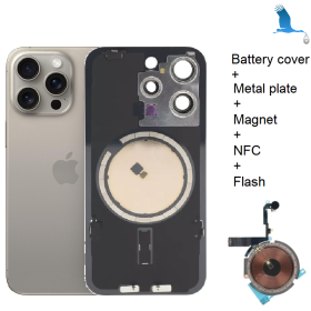 15 Pro - Battery cover (inclusive: camera lens, Metal Bracket, Magnet, NFC, flash) - Titanium natural - oem 15 Pro - Battery cover (inclusive: camera lens, Metal Bracket, Magnet, NFC, flash) - Titanium natural - oem
