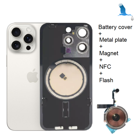 15 Pro - Cover batteria (incluso: obiettivo fotocamera, supporto metallico, magnete, NFC) - Titanium bianco - oem