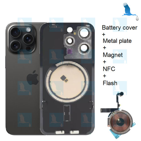 15 Pro Max - Battery cover (inclusive: camera lens, Metal Bracket, Magnet, NFC, flash) - Titanium Black - oem