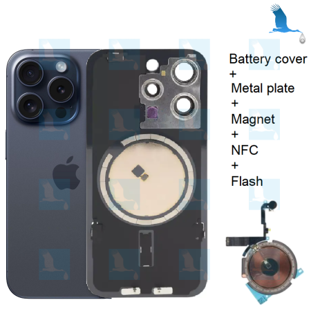 15 Pro Max - Battery cover (inclusive: camera lens, Metal Bracket, Magnet, NFC, flash) - Titanium Blue - oem