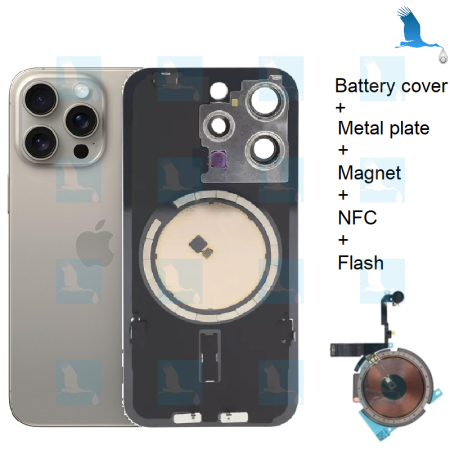 15 Pro Max - Cover batteria (obiettivo fotocamera, supporto metallico, magnete, NFC, flash) - Griggio (Titanium natural) - oem