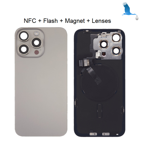 15 Pro - Akkuabdeckung - Grau (Titanium natural) - (Kameraobjektiv, Metallhalterung, Magnet, NFC, flash) - iPhone 15 Pro