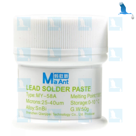 Ma Ant - Solder paste - Type MX58A - Melting point 158 ​​°C - 25-40 microns - SnBi alloy - Gross weight 50 g